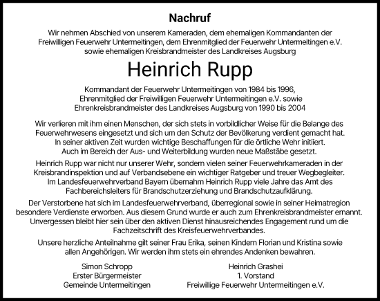 Traueranzeige von Heinrich Rupp von Schwabmünchner Allgemeine