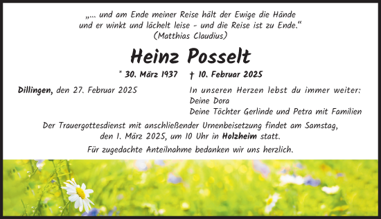 Traueranzeige von Heinz Posselt von Donau Zeitung