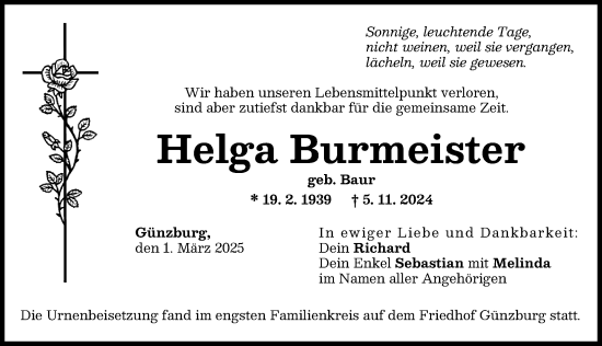 Traueranzeige von Helga Burmeister von Günzburger Zeitung
