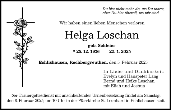 Traueranzeige von Helga Loschan von Günzburger Zeitung