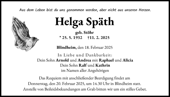 Traueranzeige von Helga Späth von Donau Zeitung
