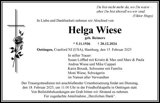 Traueranzeige von Helga Wiese von Rieser Nachrichten