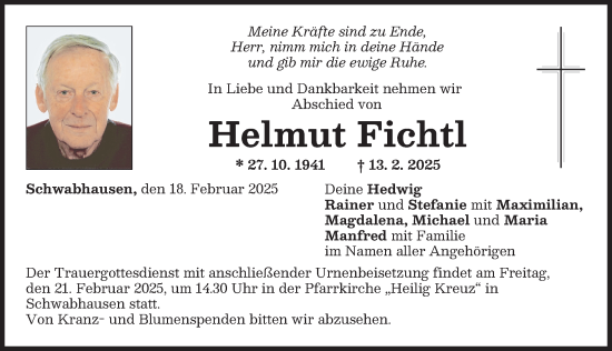 Traueranzeige von Helmut Fichtl von Landsberger Tagblatt
