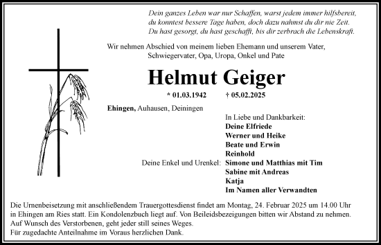 Traueranzeige von Helmut Geiger von Rieser Nachrichten