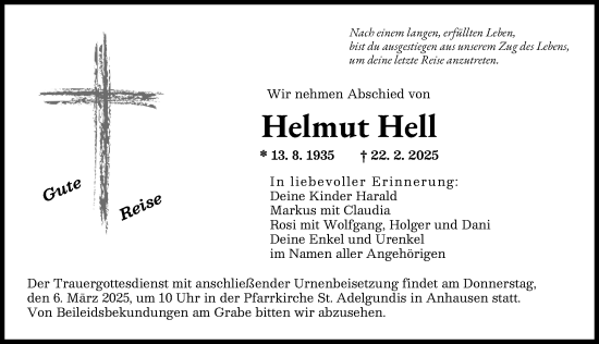 Traueranzeige von Helmut Hell von Augsburger Allgemeine