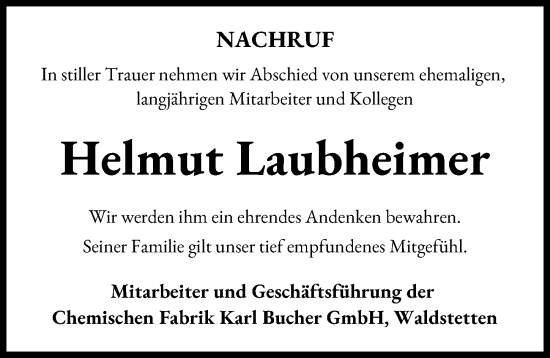Traueranzeige von Helmut Laubheimer von Günzburger Zeitung