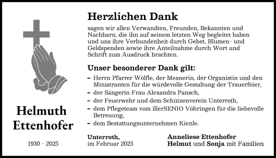 Traueranzeige von Helmuth Ettenhofer von Illertisser Zeitung