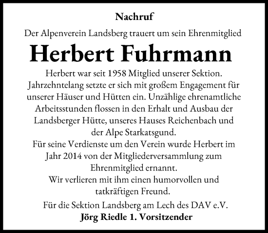 Traueranzeige von Herbert Fuhrmann von Landsberger Tagblatt