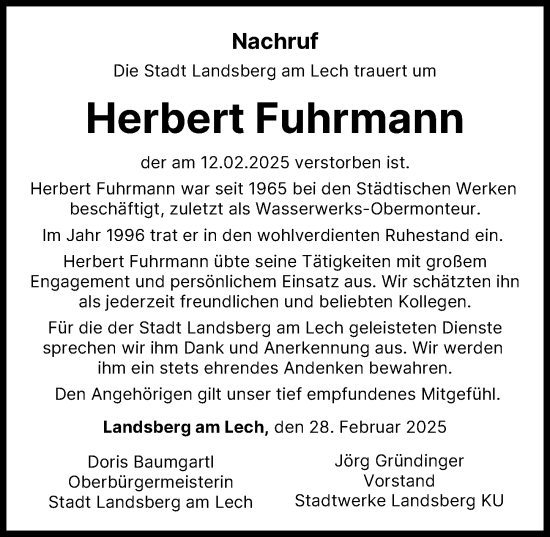 Traueranzeige von Herbert Fuhrmann von Landsberger Tagblatt