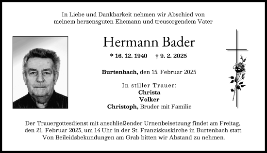 Traueranzeige von Hermann Bader von Günzburger Zeitung
