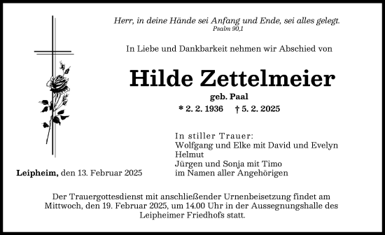Traueranzeige von Hilde Zettelmeier von Günzburger Zeitung