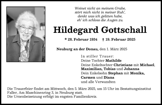 Traueranzeige von Hildegard Gottschall von Neuburger Rundschau