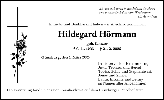 Traueranzeige von Hildegard Hörmann von Günzburger Zeitung