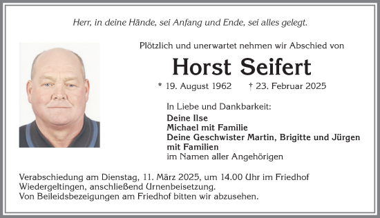 Traueranzeige von Horst Seifert von Mindelheimer Zeitung