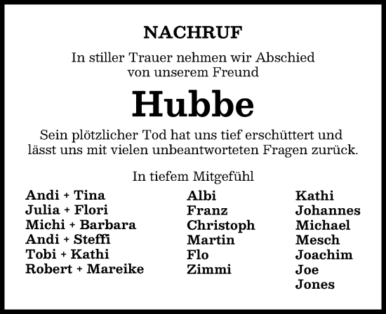 Traueranzeige von Hubbe  von Mindelheimer Zeitung