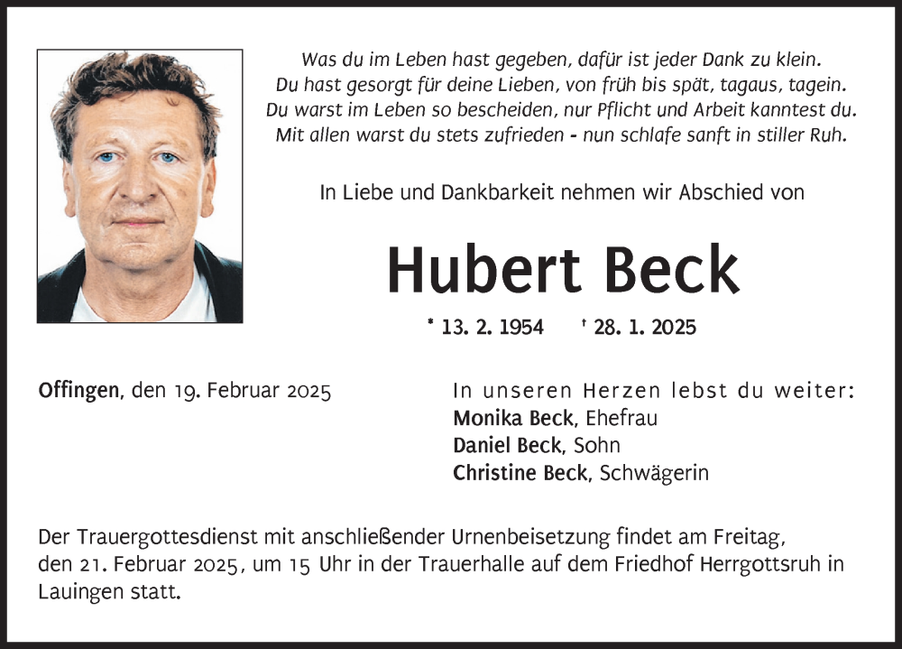 Traueranzeige für Hubert Beck vom 19.02.2025 aus Günzburger Zeitung