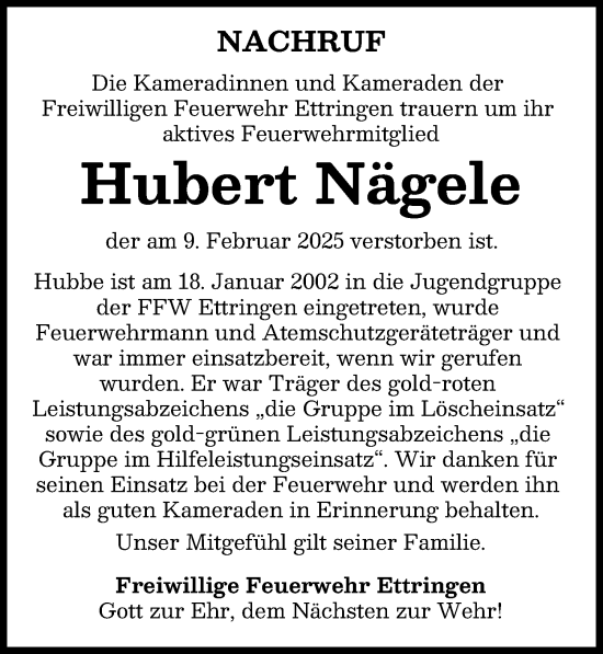 Traueranzeige von Hubert Nägele von Mindelheimer Zeitung