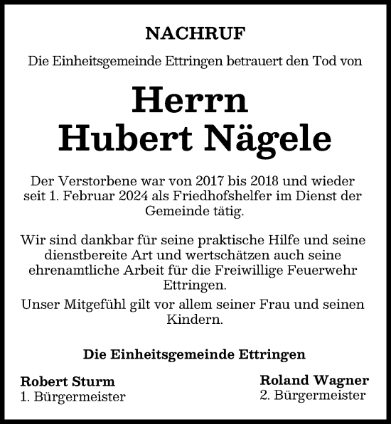 Traueranzeige von Hubert Nägele von Mindelheimer Zeitung