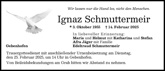 Traueranzeige von Ignaz Schmuttermeir von Aichacher Nachrichten
