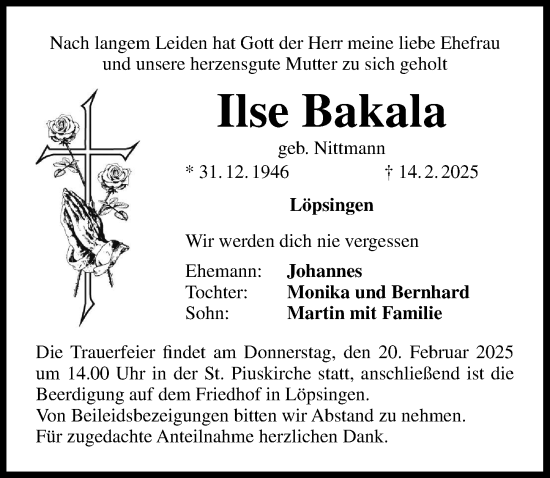 Traueranzeige von Ilse Bakala von Rieser Nachrichten