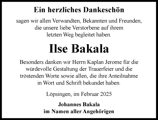 Traueranzeige von Ilse Bakala von Rieser Nachrichten
