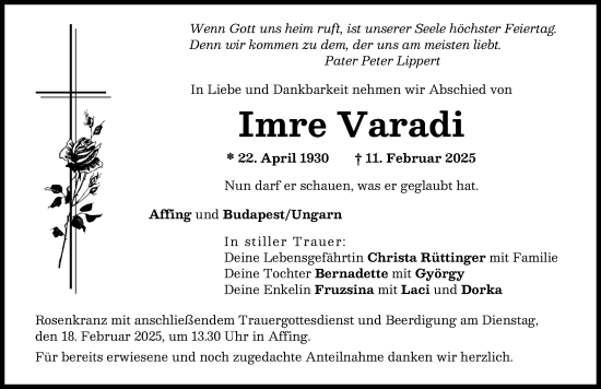 Traueranzeige von Imre Varadi von Aichacher Nachrichten