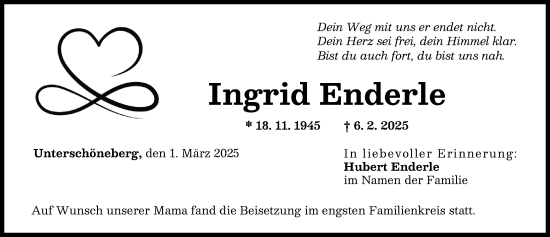 Traueranzeige von Ingrid Enderle von Augsburg-Land