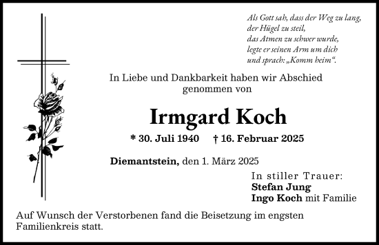 Traueranzeige von Irmgard Koch von Donau Zeitung