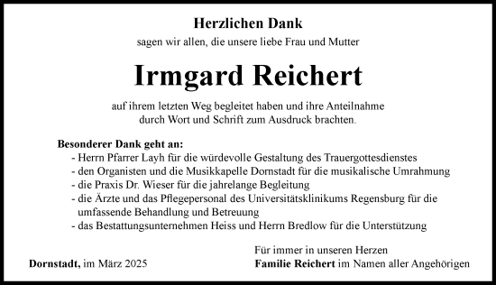 Traueranzeige von Irmgard Reichert von Rieser Nachrichten