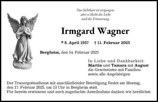 Traueranzeige von Irmgard Wagner von Neuburger Rundschau