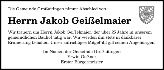 Traueranzeige von Jakob Geißelmaier von Schwabmünchner Allgemeine
