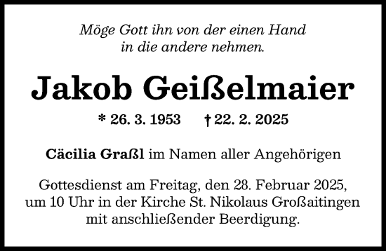 Traueranzeige von Jakob Geißelmaier von Schwabmünchner Allgemeine