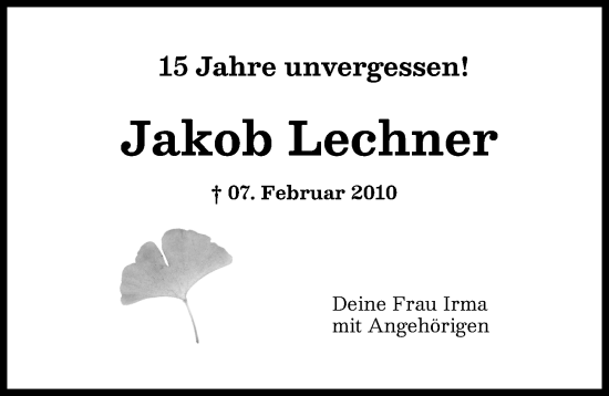 Traueranzeige von Jakob Lechner von Augsburger Allgemeine