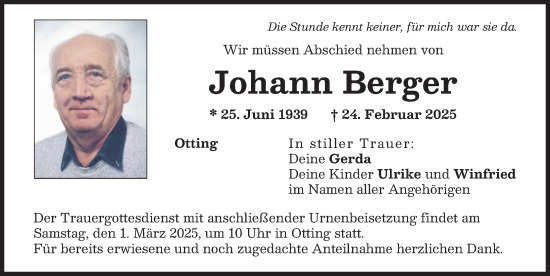 Traueranzeige von Johann Berger von Donauwörther Zeitung