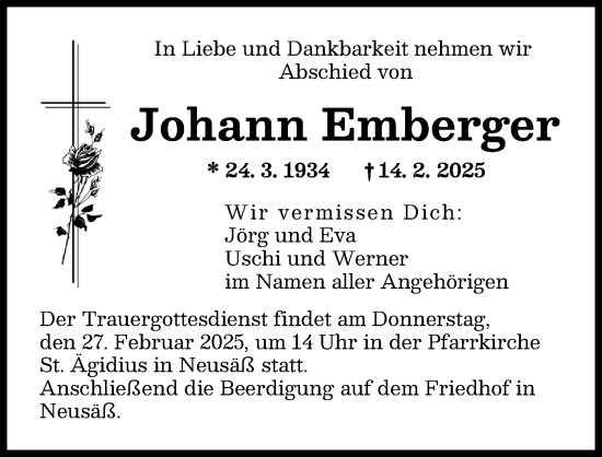 Traueranzeige von Johann Emberger von Augsburger Allgemeine