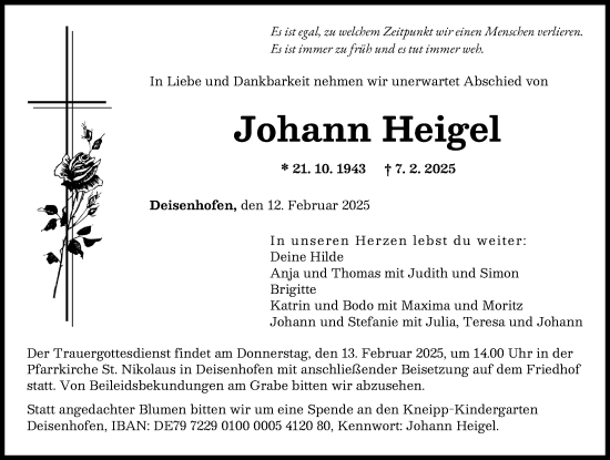 Traueranzeige von Johann Heigel von Wertinger Zeitung, Donau Zeitung