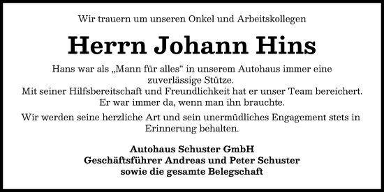 Traueranzeige von Johann Hins von Günzburger Zeitung