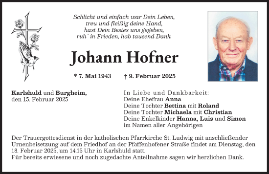 Traueranzeige von Johann Hofner von Neuburger Rundschau