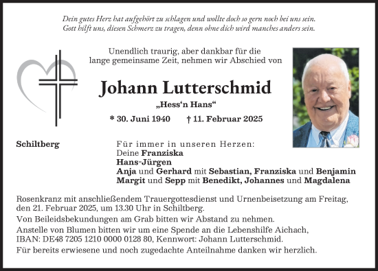 Traueranzeige von Johann Lutterschmid von Aichacher Nachrichten