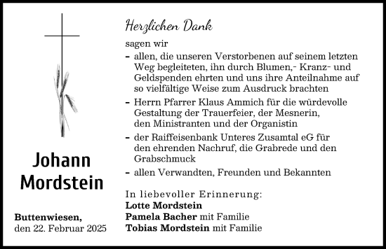 Traueranzeige von Johann Mordstein von Wertinger Zeitung, Augsburg-Land