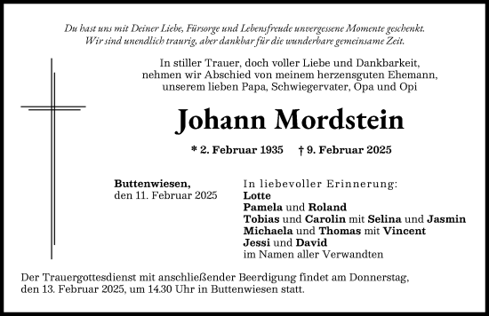 Traueranzeige von Johann Mordstein von Wertinger Zeitung