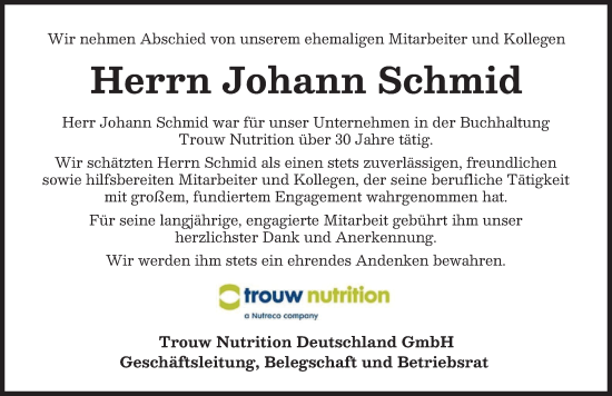 Traueranzeige von Johann Schmid von Neuburger Rundschau