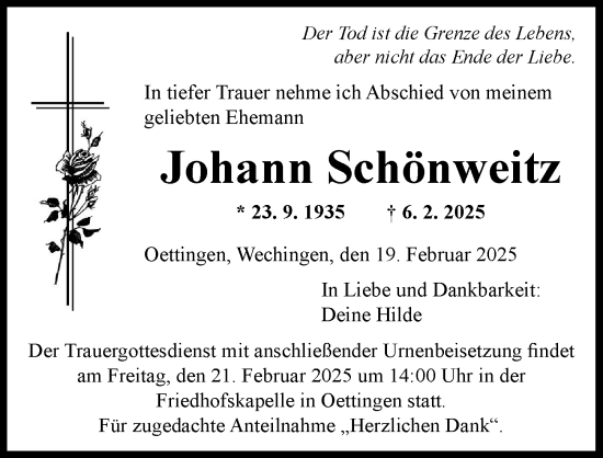 Traueranzeige von Johann Schönweitz von Rieser Nachrichten