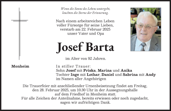 Traueranzeige von Josef Barta von Donauwörther Zeitung