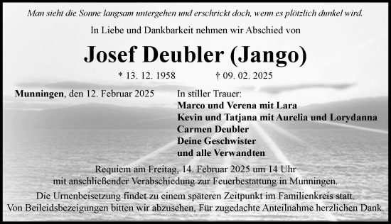 Traueranzeige von Josef Deubler von Rieser Nachrichten