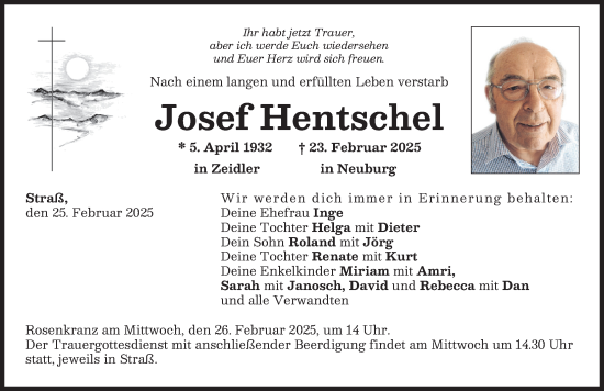 Traueranzeige von Josef Hentschel von Neuburger Rundschau