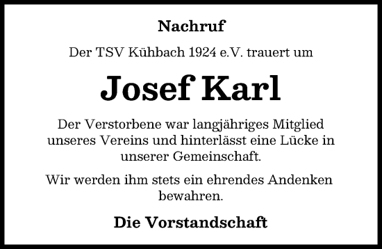 Traueranzeige von Josef Karl von Aichacher Nachrichten