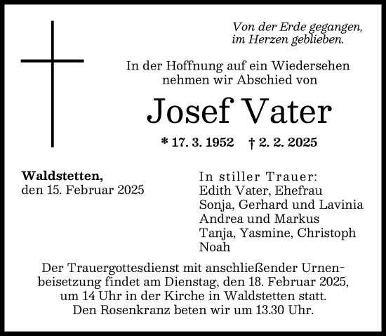Traueranzeige von Josef Vater von Günzburger Zeitung