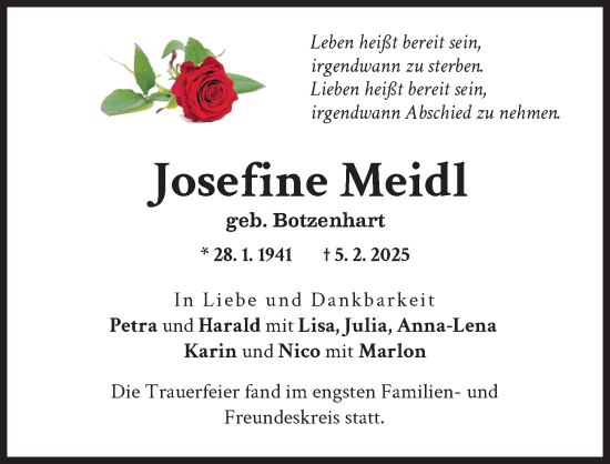 Traueranzeige von Josefine Meidl von Illertisser Zeitung