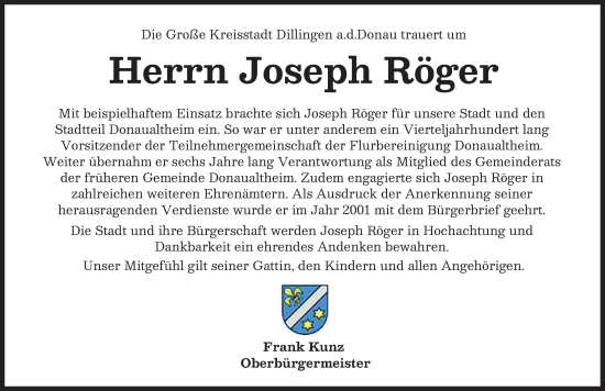 Traueranzeige von Joseph Röger von Donau Zeitung